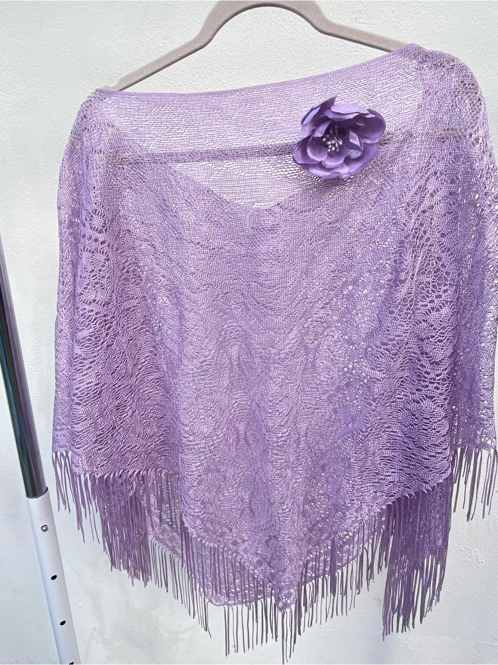 Y2K Boho Fairy Purple Flower Embellished Fringe Poncho One Size - Picture 1 of 4